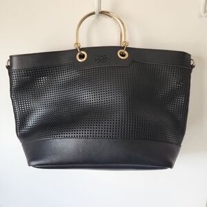Polo Line by Hans Koch Black Perforated Leather Tote Gold Circular Handle VTG